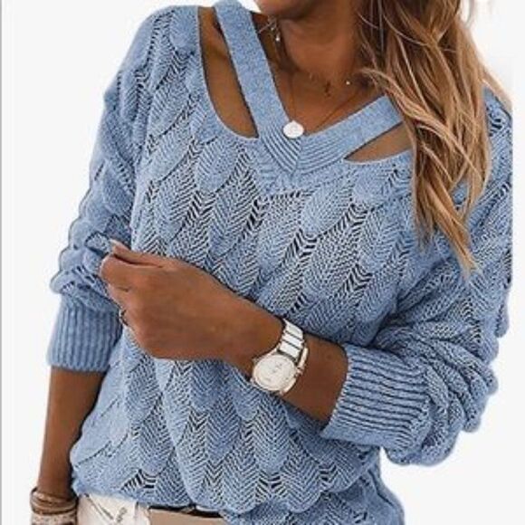 New Unique V Neck Hollow Out Knit Sweater - Picture 7 of 11